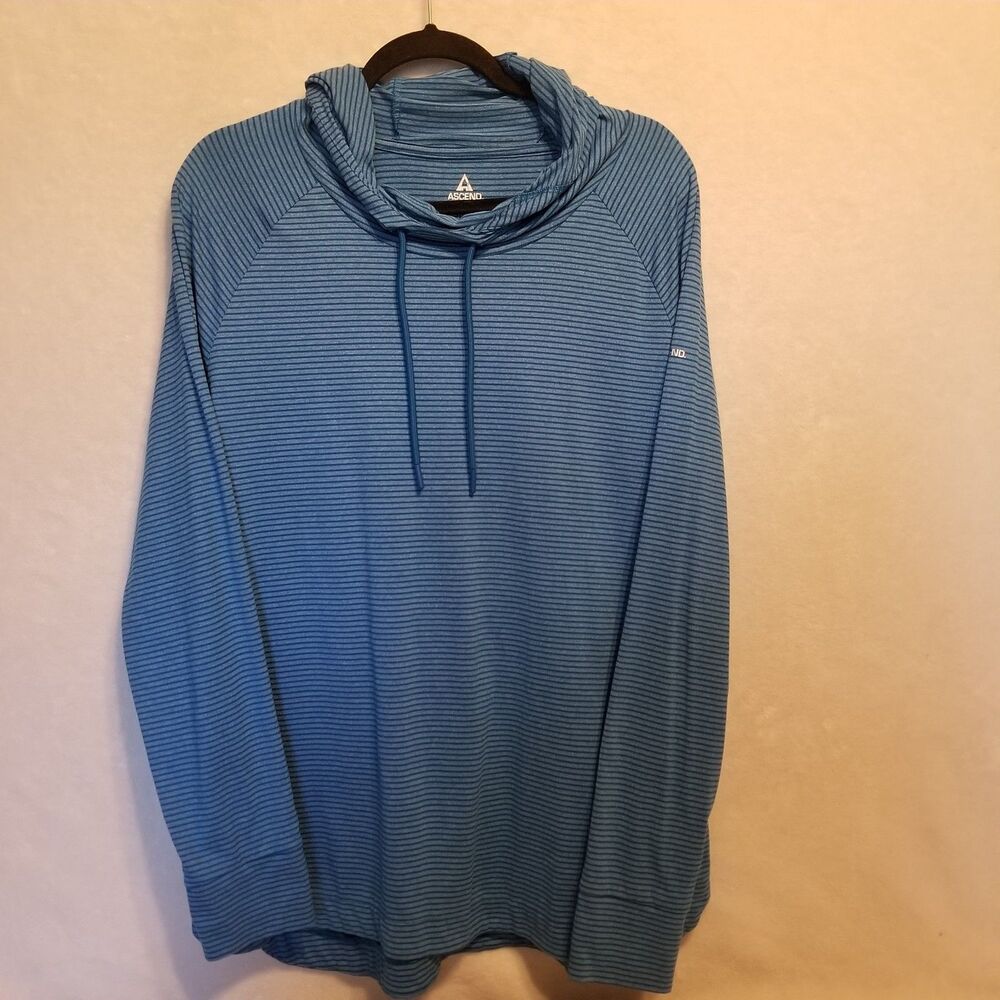 Ascend XL Top Lightweight Hoodie Blue Striped Thumbholes Funnel Neck Active Gym